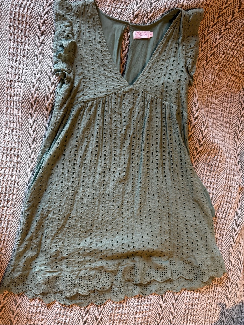 Pink Lily Olive Eyelet Mini Dress with Scalloped Hem